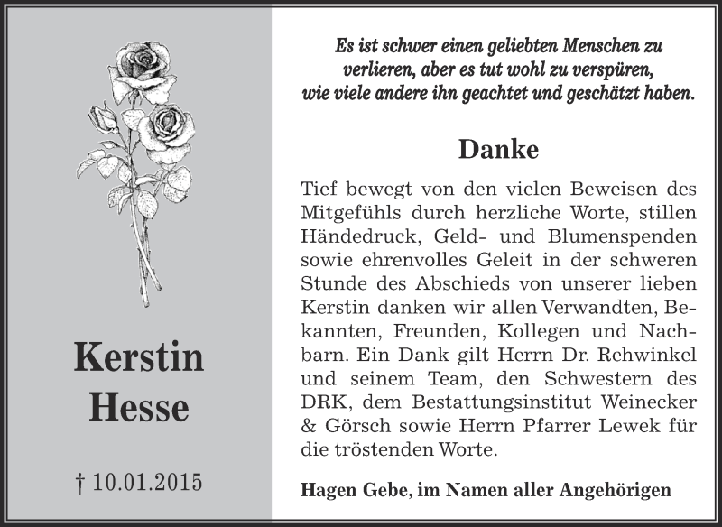  Traueranzeige für Kerstin Hesse vom 15.02.2015 aus Super Sonntag Bernburg