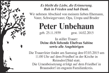 Traueranzeige von Peter Unbehaun von Super Sonntag Wittenberg