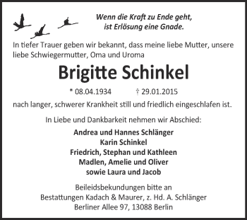 Traueranzeige von Brigitte Schinkel von Super Sonntag Quedlinburg