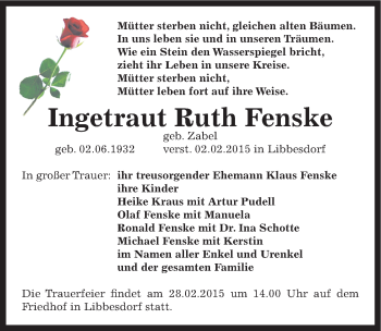 Traueranzeige von Ingetraut Ruth Fenske von Mitteldeutsche Zeitung