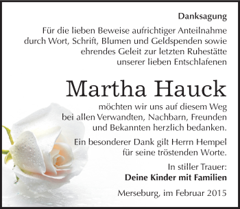 Traueranzeige von Martha Hauck von Mitteldeutsche Zeitung Merseburg/Querfurt