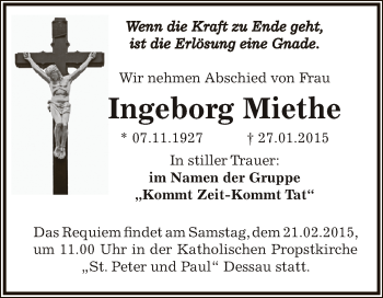 Traueranzeige von Ingeborg Miethe von WVG - Wochenspiegel Dessau / Köthen