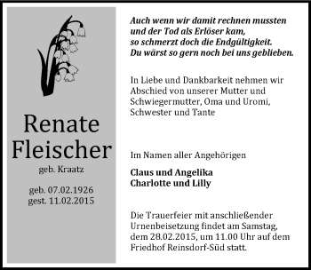 Traueranzeige von Renate Fleischer von Mitteldeutsche Zeitung Wittenberg
