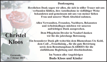 Traueranzeige von Christel Kloos von WVG - Wochenspiegel Quedlinburg