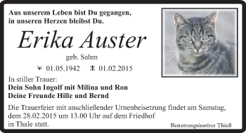 Traueranzeige von Erika Auster von Mitteldeutsche Zeitung Quedlinburg