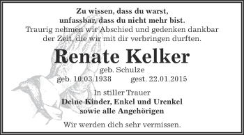 Traueranzeige von Renate Kelker von WVG - Wochenspiegel Dessau / Köthen