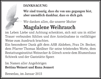 Traueranzeige von Magdalene Weihrauch von Super Sonntag Bernburg