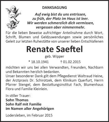 Traueranzeige von Renate Saeftel von WVG - Wochenspiegel Merseburg