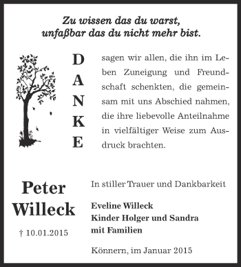 Traueranzeige von Peter Willeck von Super Sonntag Bernburg