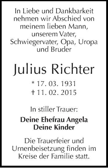 Traueranzeige von Julius Richter von Mitteldeutsche Zeitung Weißenfels