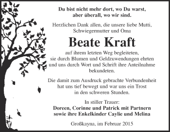 Traueranzeige von Beate Kraft von WVG - Wochenspiegel Merseburg