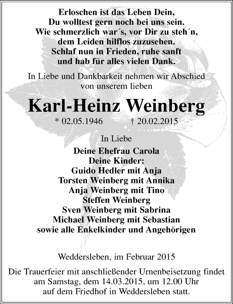  Traueranzeige für Karl-Heinz Weinberg vom 28.02.2015 aus Mitteldeutsche Zeitung Quedlinburg