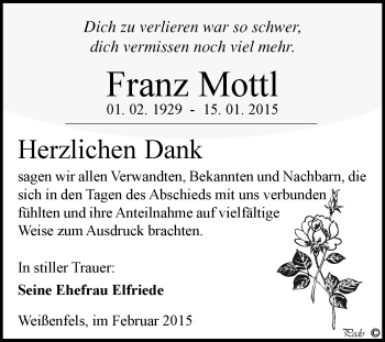 Traueranzeige von Franz Mottl von WVG - Wochenspiegel NMB / WSF / ZTZ