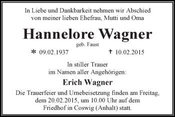 Traueranzeige von Hannelore Wagner von WVG - Wochenspiegel Dessau / Köthen