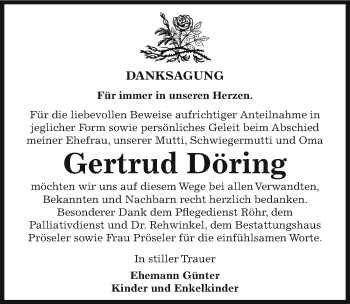 Traueranzeige von Gertrud Döring von Mitteldeutsche Zeitung Bernburg
