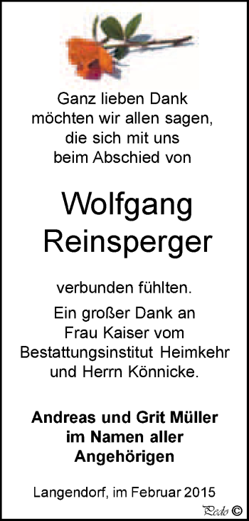 Traueranzeige von Wolfgang Reinsperger von WVG - Wochenspiegel NMB / WSF / ZTZ