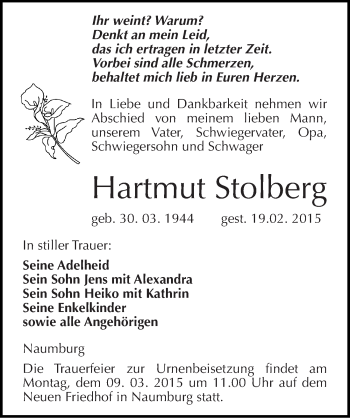Traueranzeige von Hartmut Stolberg von Mitteldeutsche Zeitung Naumburg/Nebra