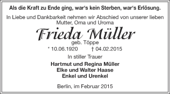 Traueranzeige von Frieda Müller von Super Sonntag SGH Mansf. Land