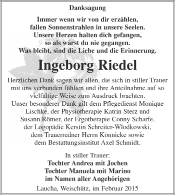 Traueranzeige von Ingeborg Riedel von WVG - Wochenspiegel NMB / WSF / ZTZ