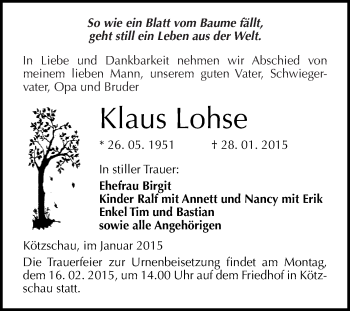 Traueranzeige von Klaus Lohse von WVG - Wochenspiegel Merseburg