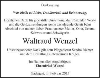 Traueranzeige von Waltraud Wenzel von Super Sonntag Wittenberg