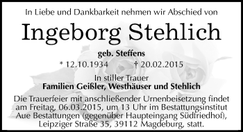 Traueranzeige von Ingeborg Stehlich von Mitteldeutsche Zeitung Wittenberg