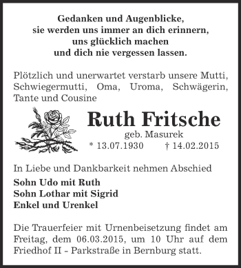 Traueranzeige von Ruth Fritsche von Super Sonntag Bernburg