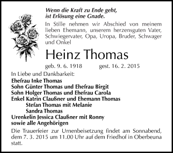 Traueranzeige von Heinz Thomas von WVG - Wochenspiegel Merseburg
