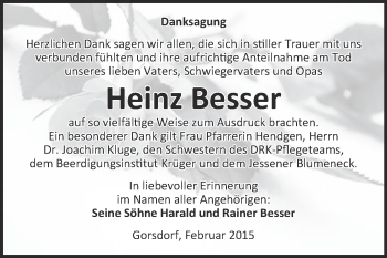 Traueranzeige von Heinz Besser von Super Sonntag Wittenberg