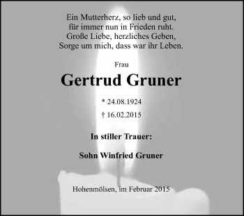 Traueranzeige von Gertrud Gruner von WVG - Wochenspiegel NMB / WSF / ZTZ