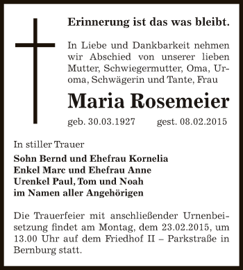 Traueranzeige von Maria Rosemeier von Super Sonntag Bernburg