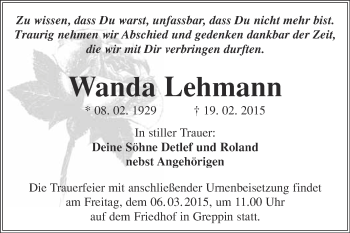 Traueranzeige von Wanda Lehmann von WVG - Wochenspiegel Bitterfeld