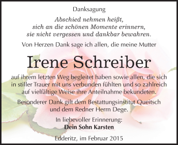 Traueranzeige von Irene Schreiber von Mitteldeutsche Zeitung Köthen