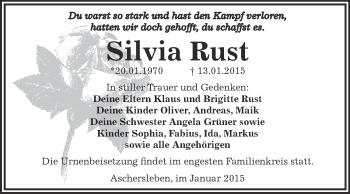 Traueranzeige von Silvia Rust von Super Sonntag Aschersleben