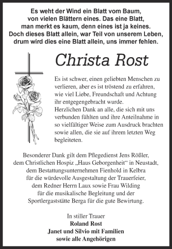 Traueranzeige von Christa Rost von Super Sonntag SGH Mansf. Land