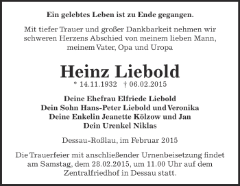 Traueranzeige von Heinz Liebold von WVG - Wochenspiegel Dessau / Köthen