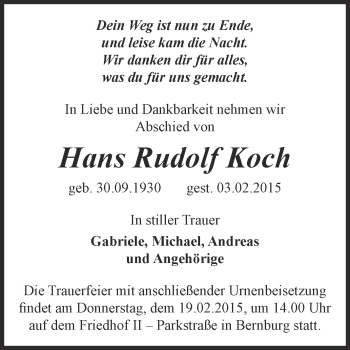 Traueranzeige von Hans Rudolf Koch von Super Sonntag Bernburg