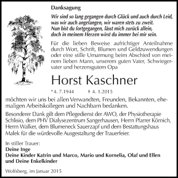 Traueranzeige von Horst  Kaschner von WVG - Wochenspiegel Quedlinburg