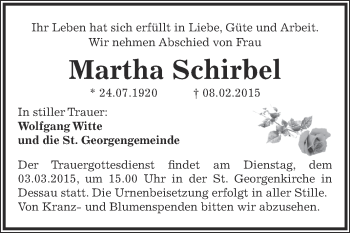 Traueranzeige von Martha Schirbel von WVG - Wochenspiegel Dessau / Köthen