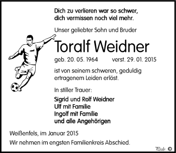 Traueranzeige von Toralf Weidner von Mitteldeutsche Zeitung Weißenfels