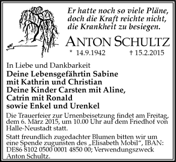 Traueranzeige von Anton Schultz von Mitteldeutsche Zeitung