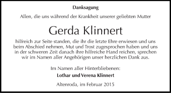 Traueranzeige von Gerda Klinnert von Mitteldeutsche Zeitung Naumburg/Nebra