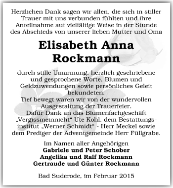 Traueranzeige von Elisabeth Anna Rockmann von Mitteldeutsche Zeitung Quedlinburg