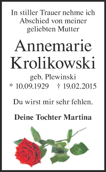 Traueranzeige von Annemarie Krolikowski von WVG - Wochenspiegel Merseburg