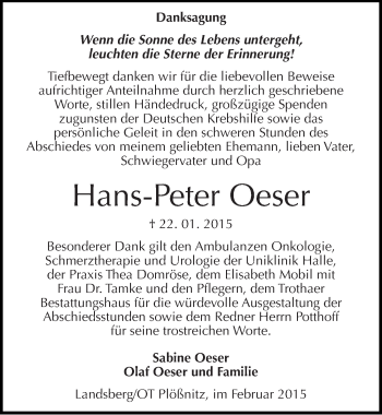 Traueranzeige von Hans-Peter Oeser von Mitteldeutsche Zeitung Halle/Saalkreis