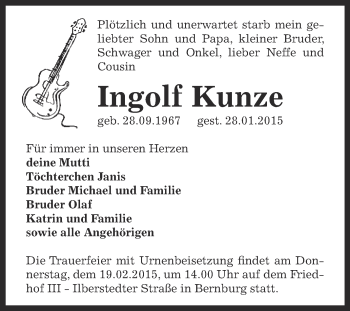 Traueranzeige von Ingolf Kunze von Super Sonntag Bernburg