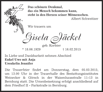 Traueranzeige von Gisela Jäckel von Super Sonntag Bernburg