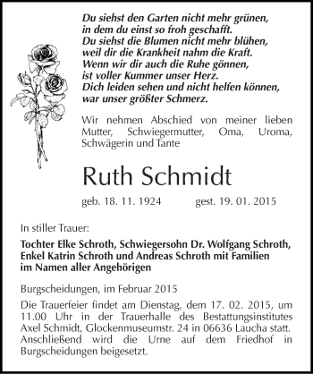 Traueranzeige von Ruth Schmidt von Mitteldeutsche Zeitung Naumburg/Nebra