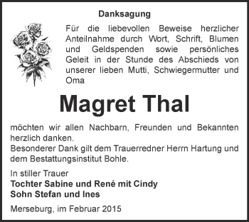 Traueranzeige von Margret Thal von Super Sonntag Merseburg