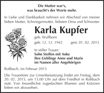 Traueranzeige von Karla Kupfer von WVG - Wochenspiegel Merseburg